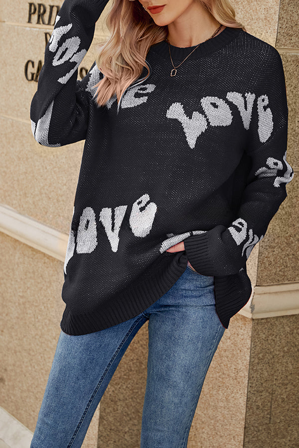 Love Monogram Crew Neck Contrasting Knitted Long Sleeve Pullover Sweater