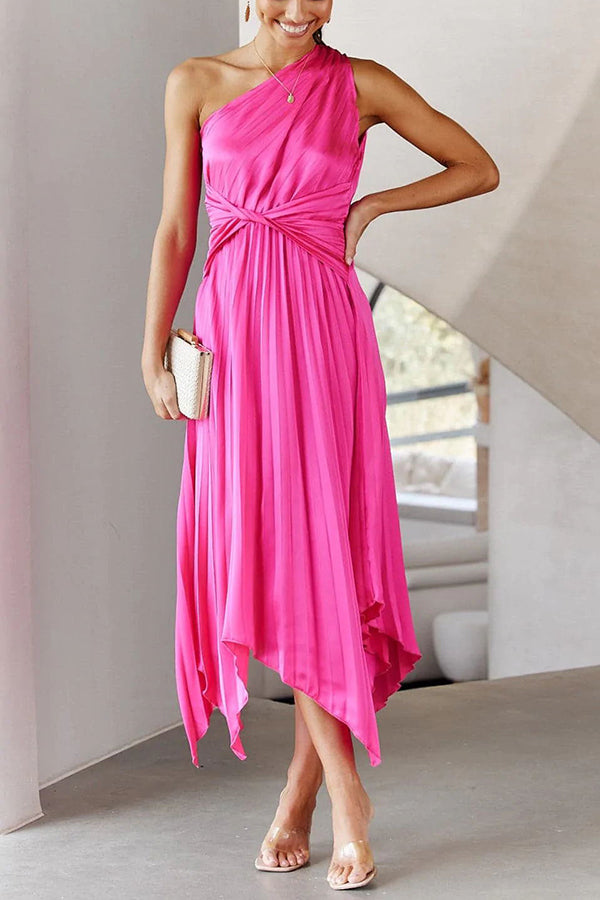 Miya Satin One Shoulder Pleated Midi Dress