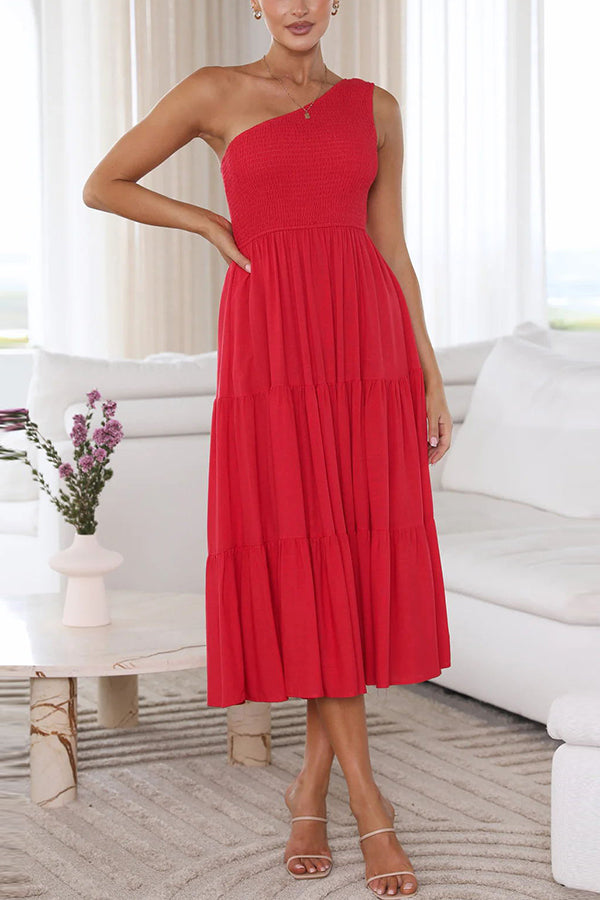 Simply Charmed Pocketed Smocked One Shoulder Tiered Midi Dress