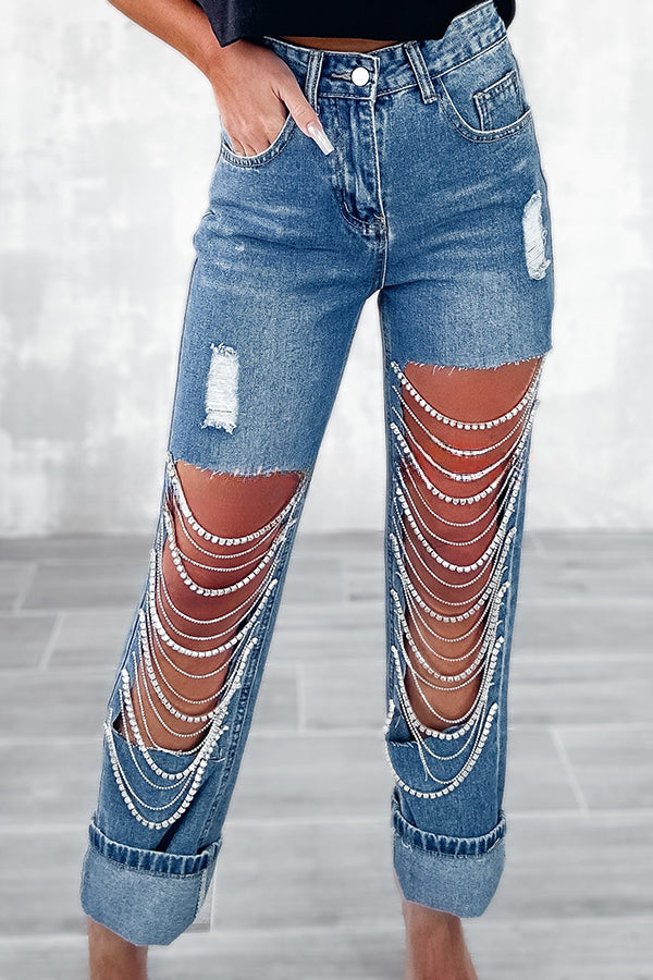 Dripping Diamonds Chain Cut Out Side Pocket Straight Leg Jeans