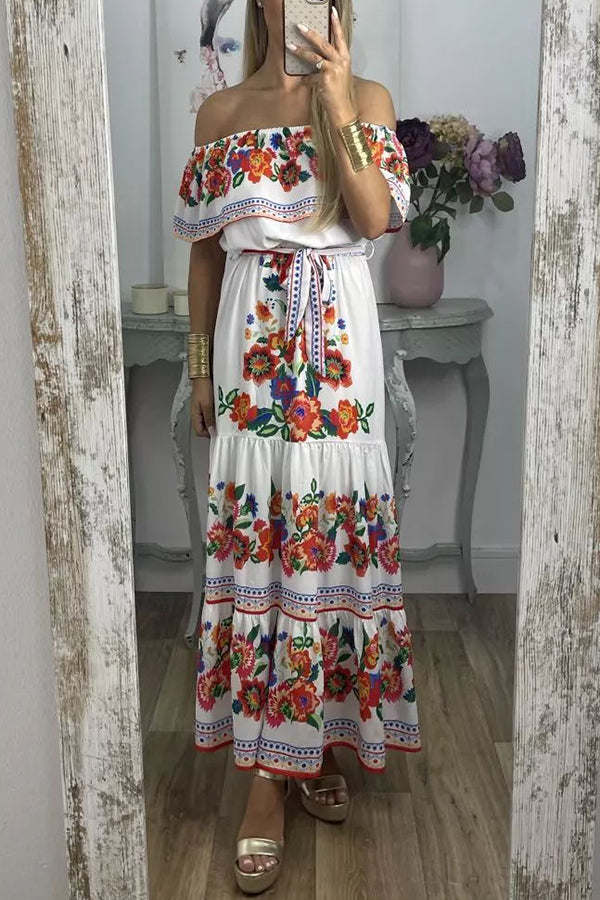 For A Season Floral Printed Off Shoulder Belt Maxi Dress