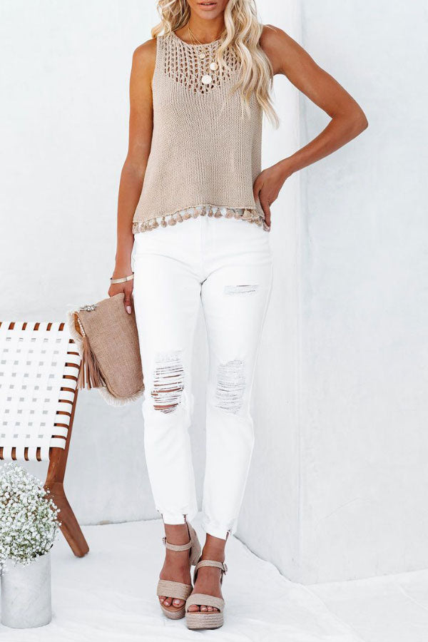 Solid Color Sexy Hollow Fringed Sweater