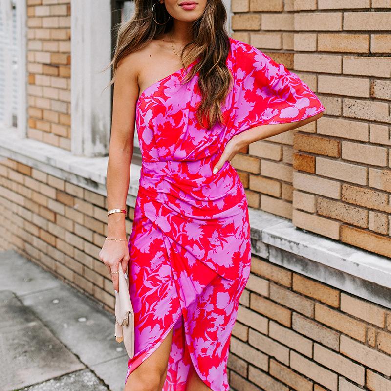 One Shoulder Floral Drape Party Dress