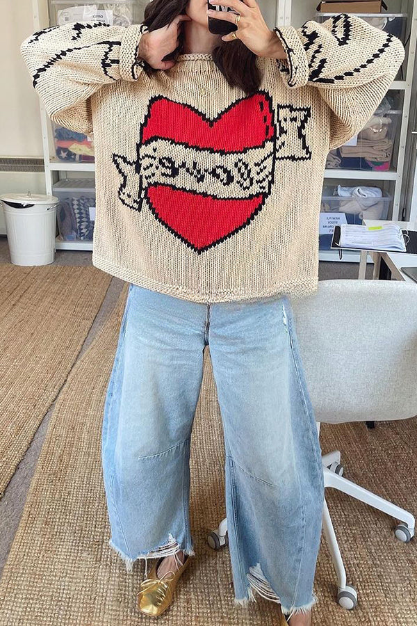 Love Is A Gift Creative Love Pattern Knit Loose Pullover Sweater