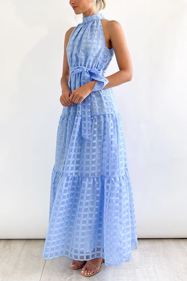 Elena Tulle Square Patterned Fabric Belted Halter Maxi Dress