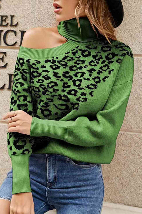 Best Mentor Leopard Print Long Sleeve One Shoulder Sweater