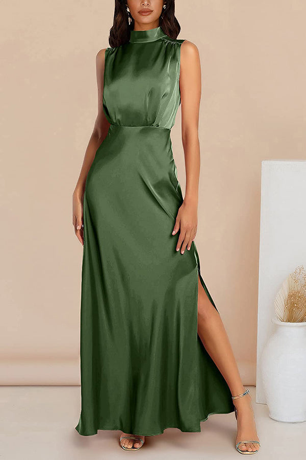 The Story of Us Satin High Neck Slit Maxi Dress