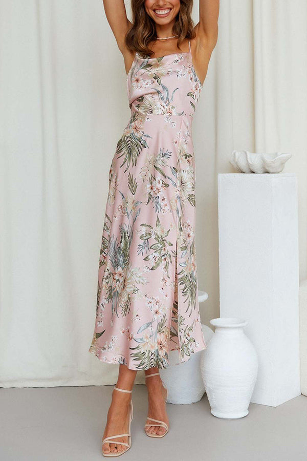 Everything You Need Satin Floral Cowl Neck Slit Midi Dress