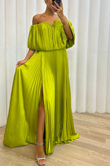 Shelley Pleated Off Shoulder Elastic Waist Slit Maxi Dress