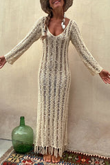 Somewhere Sunny Hollow Out Tassel Long Sleeve Knit Beach Maxi Dress