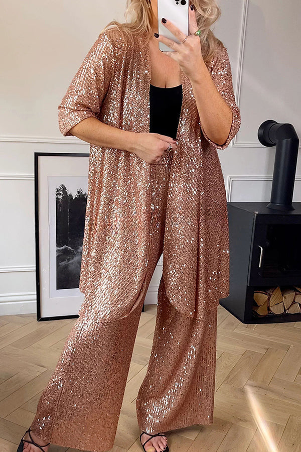 Shine Bright Sequin Half Sleeve Open Front Drape Midi Kimono