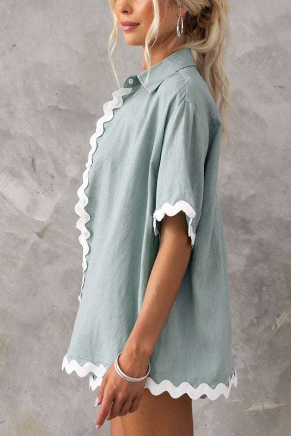 Harry Waved Trim Button Loose Shirt and Elastic Waist Pocketed Shorts Set