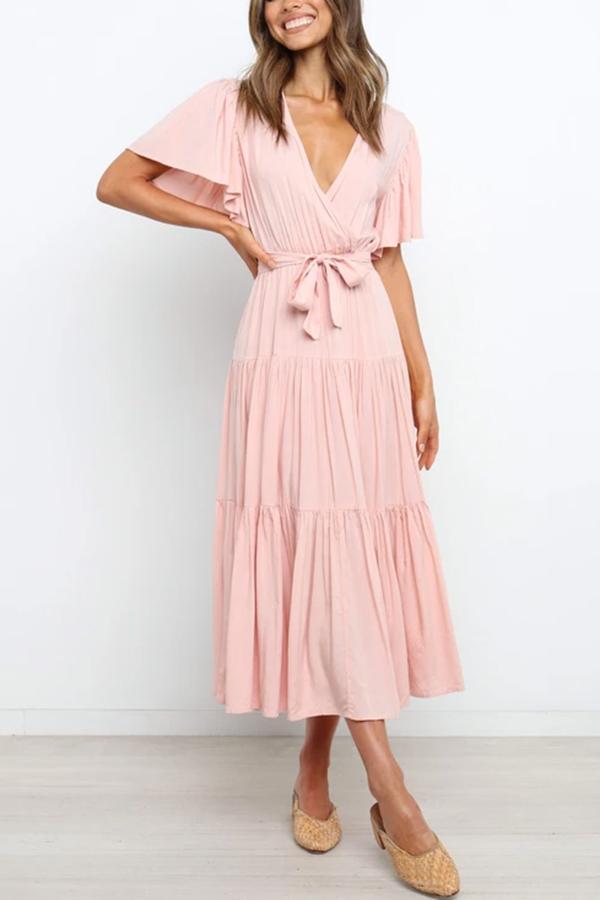 Elegant Flared Sleeve Tie Midi Dress