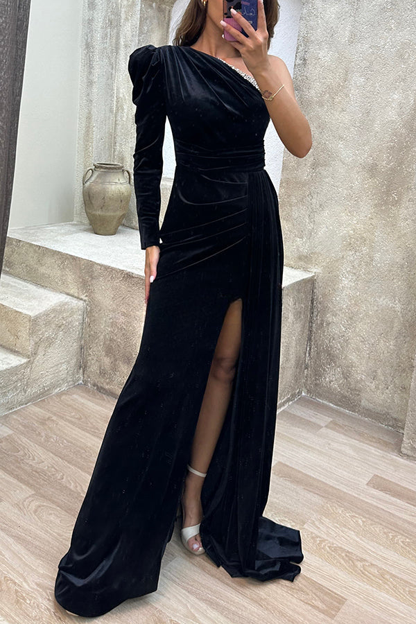 Mysterious Lady Velvet One Shoulder Sequin Trim Ruched Slit Maxi Dress