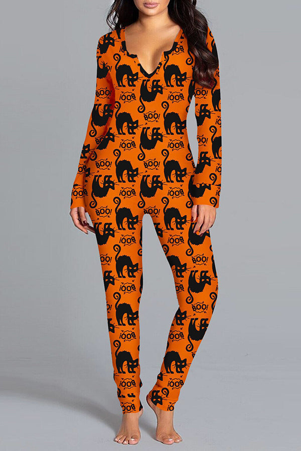 Ghost Country Halloween Print Long Sleeve Lounge Jumpsuit