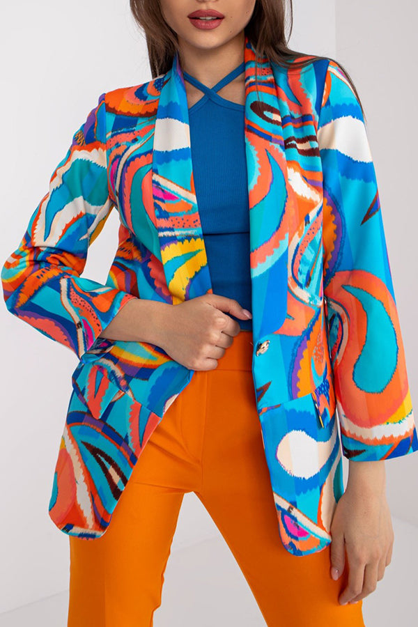 Multicolor Graphic Print Lapel Long Sleeve Blazer