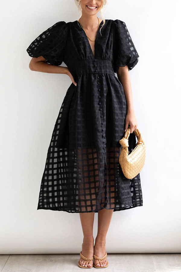 Remarkable Beauty Square Patterned Fabric Puff Sleeve Midi Dress