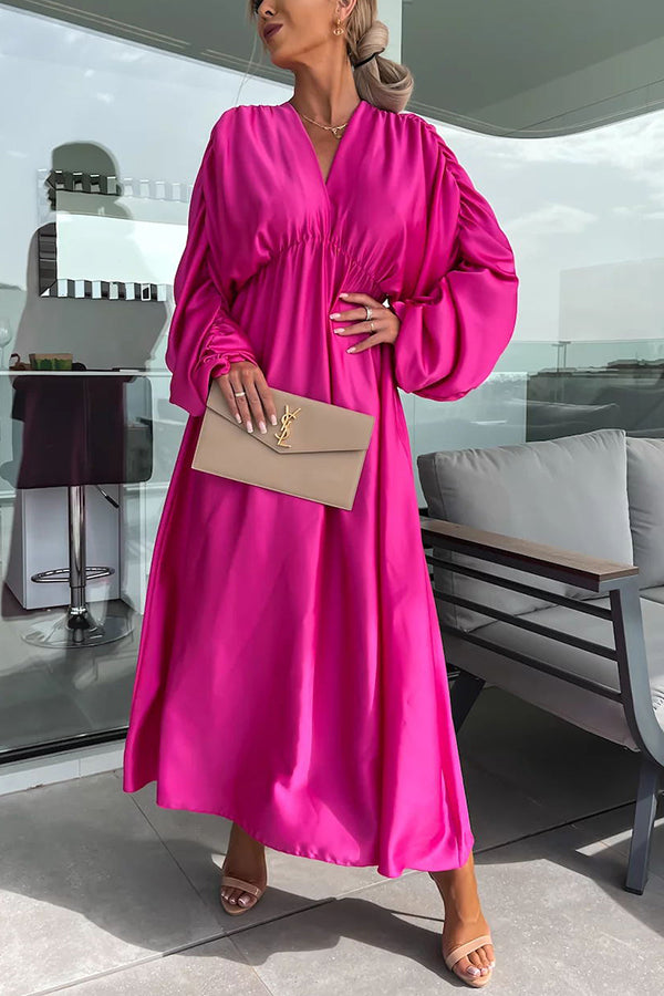 Whisper of A Thrill Satin Ruched Dolman Sleeves Maxi Dress