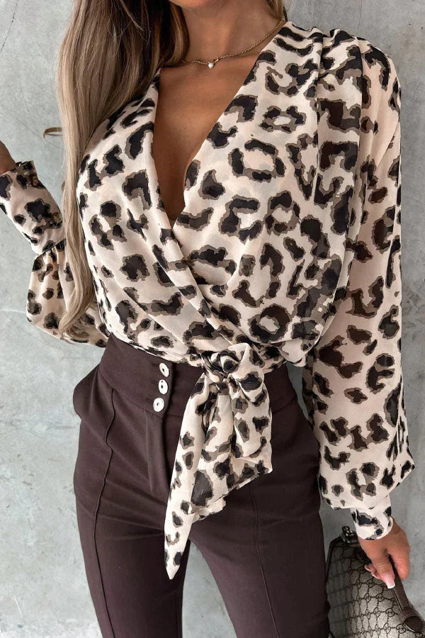 Sexy V-neck Print Tie Blouse