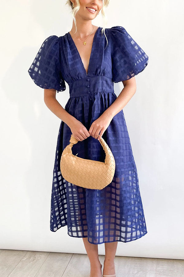 Remarkable Beauty Square Patterned Fabric Puff Sleeve Midi Dress