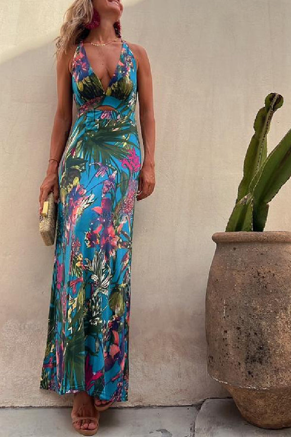 Rainforest Paradise Tropical Print Cutout Back Crossover Stretch Maxi Dress