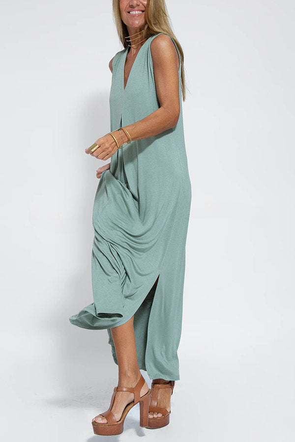 Elegant Is Eternal Knit Solid Color Sleeveless Slit Maxi Dress