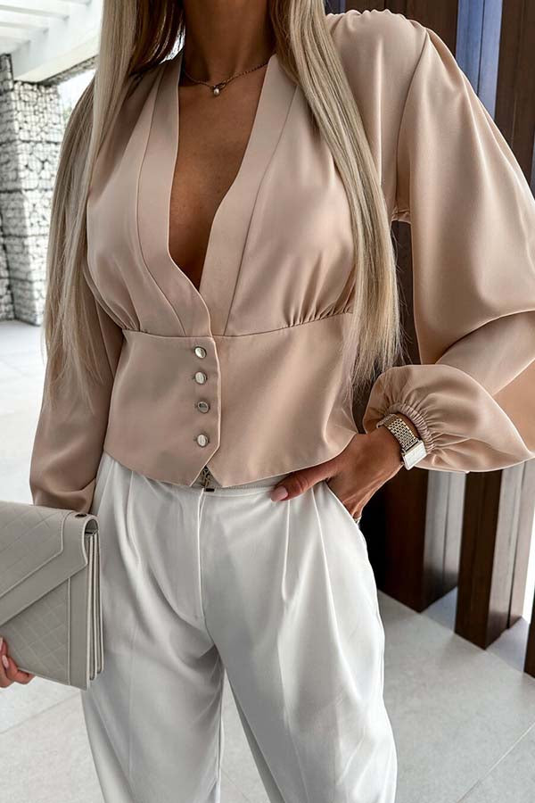 Helena V-neck Button Balloon Sleeve Blouse