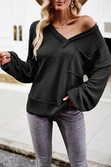 Snao V Neck Knitted Patchwork Pocket Long Sleeve Top