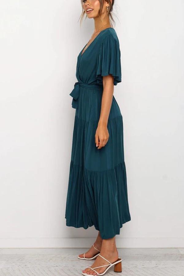 Elegant Flared Sleeve Tie Midi Dress