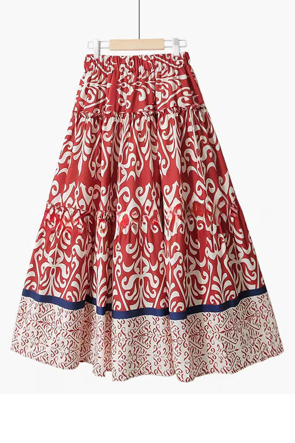 Rosine Ethnic Print Elastic Waist Tiered Midi Skirt