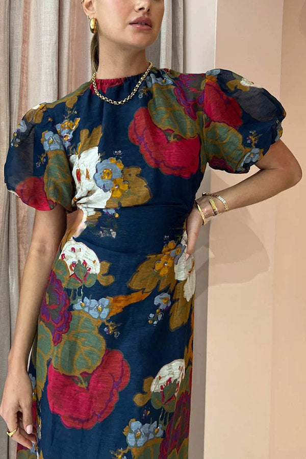 Our Greatest Love Watercolor Floral Puff Sleeve Cutout Elastic Waist Maxi Dress