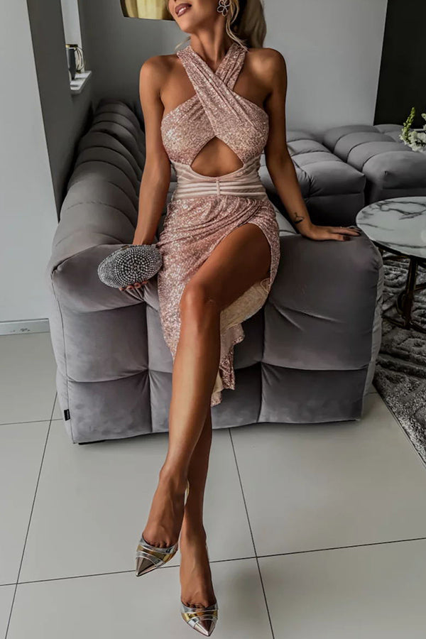 Born To Be A Star – Asymmetrisches Midikleid mit Pailletten, Netzstoff, Cut-Outs in der Taille und Neckholder