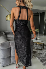 Born To Be A Star – Asymmetrisches Midikleid mit Pailletten, Netzstoff, Cut-Outs in der Taille und Neckholder
