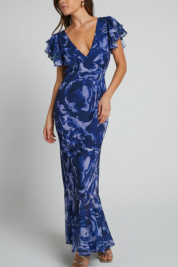 Lover By Day Swirl Pattern Flutter Sleeve Maxi Dress