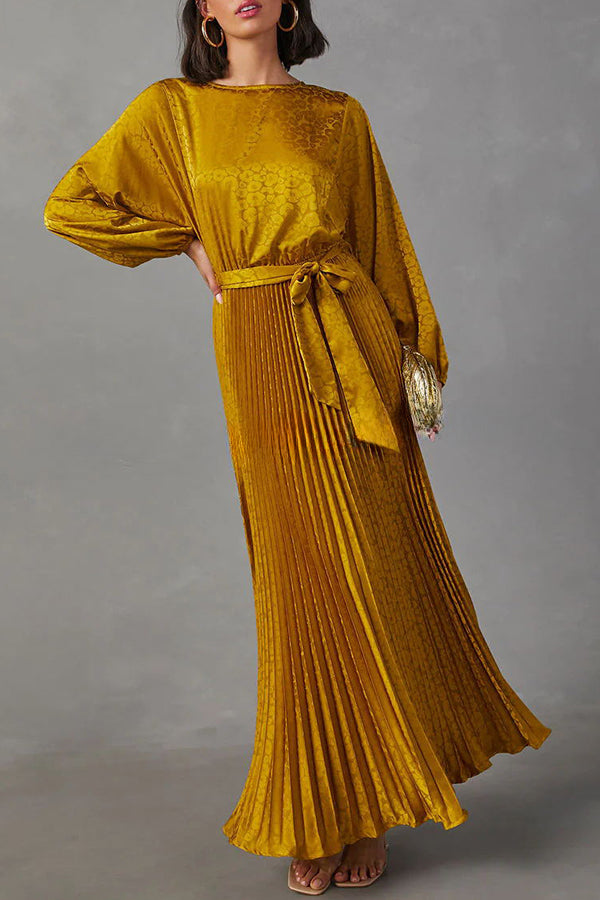 Look Like Fairytale Satin Kimono Sleeve Belt Pleated Maxi Dress