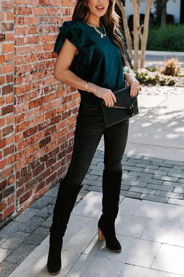 Chic Reveal Ribbed Velvet Ruffle Sleeve Top