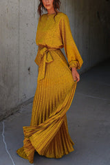 Look Like Fairytale Satin Kimono Sleeve Belt Pleated Maxi Dress