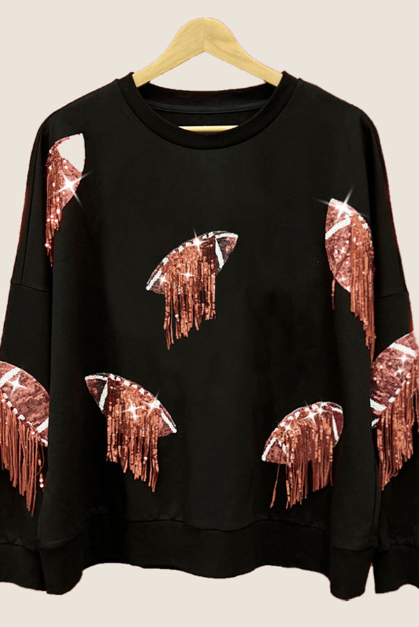 Rugby Sequined Patchwork Fringed Crew Neck Sweatshirt