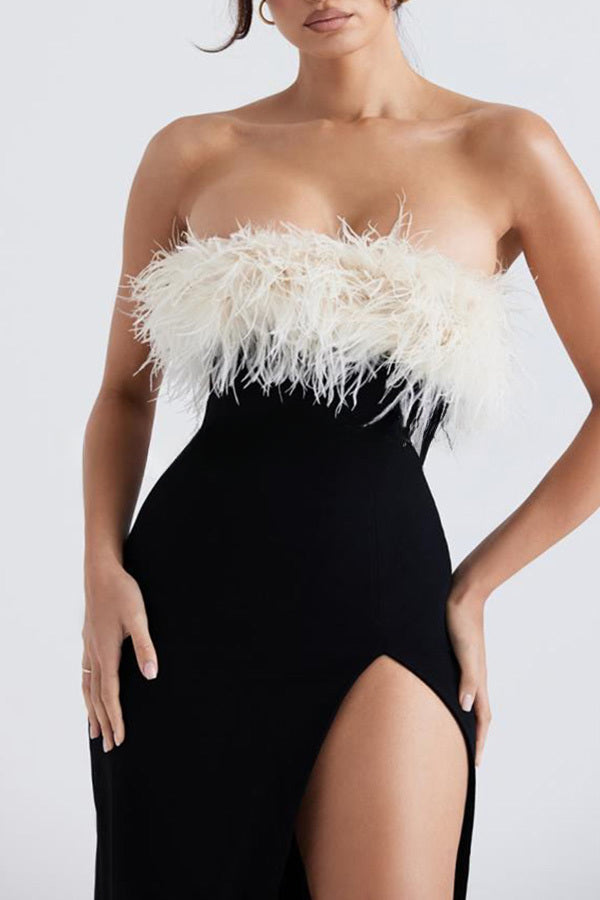 Sarai Thigh Slit Feather High Waisted Maxi Dress