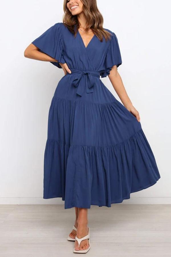 Elegant Flared Sleeve Tie Midi Dress