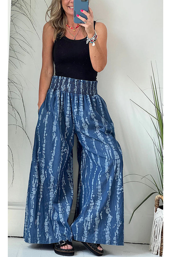 Fun Times Printed Pocketed Smocked Wide Leg Pants