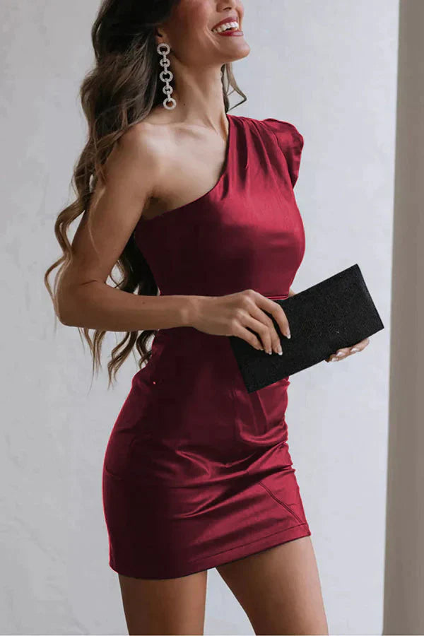 Night Angel Ruffle One Shoulder Leather Dress