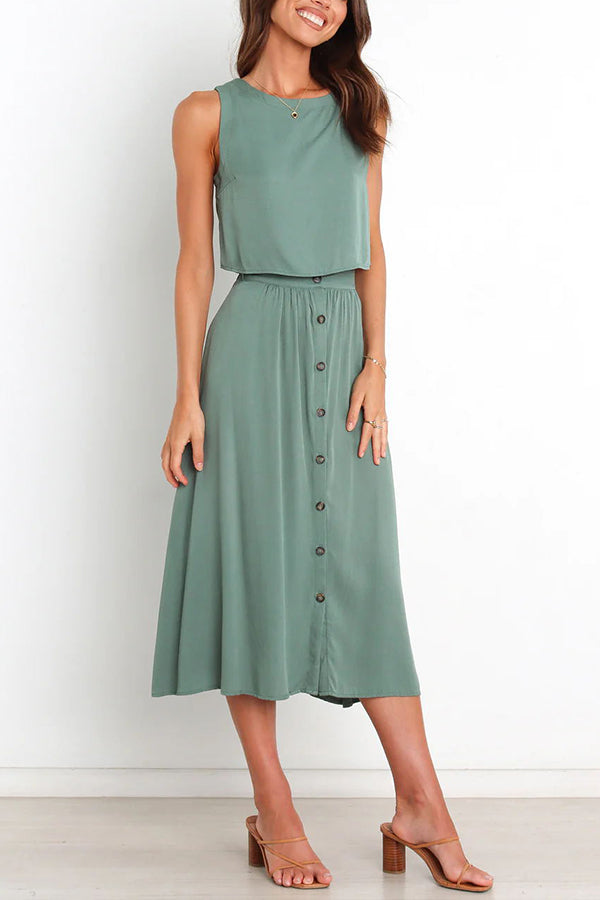 Lainey Crop Top and Pocketed Button Front Midi Skirt Set