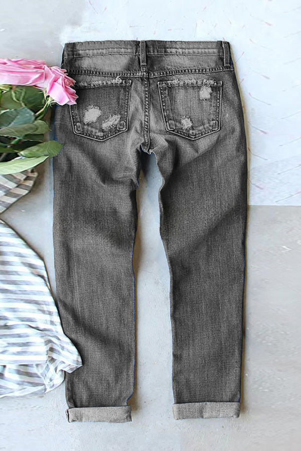 Black Girly Print Zip Button Washed Jeans