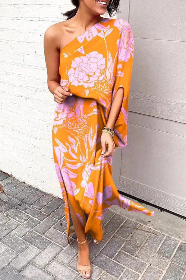 Rosie Printed One Shoulder Split Hem Maxi Dress