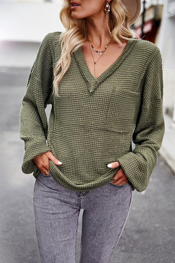 Snao V Neck Knitted Patchwork Pocket Long Sleeve Top