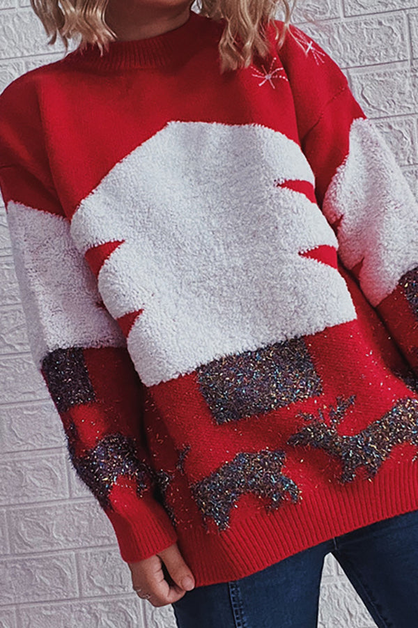 Christmas Pattern Knitted Crew Neck Long Sleeved Sweater