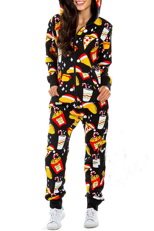 Loungewear-Overall mit Weihnachtsdruck, Reißverschlusstaschen und Kapuze
