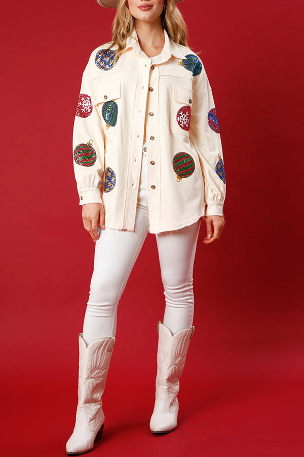 Lantern Ball Sequin Patchwork Pocket Button Long Sleeve Jacket