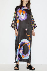 Mostly Magic Satin Unique Print Slit Relaxed Vacation Maxi Dress